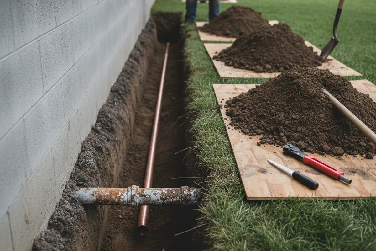 Excavated water line trench during Water Softener Installation in Mooreland